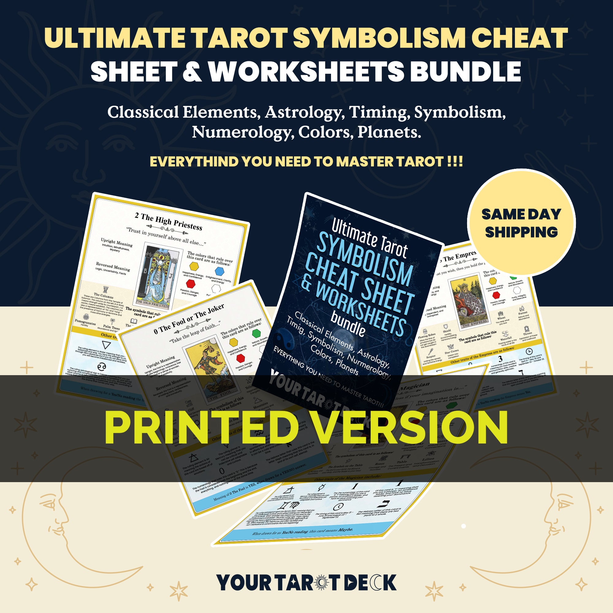 PRINTED VERSION - Tarot Symbolism Cheat Sheets, for Beginner or Advanced Tarot Readers